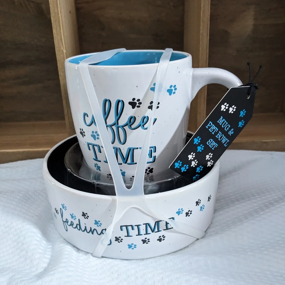 💙 Coffee Time & 🐾 Feeding Time Pet Mug Bowl Set NEW